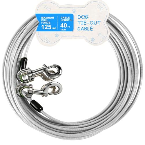 Tie Out Cable, 15/25/40/50 FT Runner Cable with Swivel Hook,Dog Leash Run Tether for Yard Outdoor and Camping,for Small to Medium Pets Up to 250 LBS（Silver） - color: New-Silver, size: 40Ft-125LBS