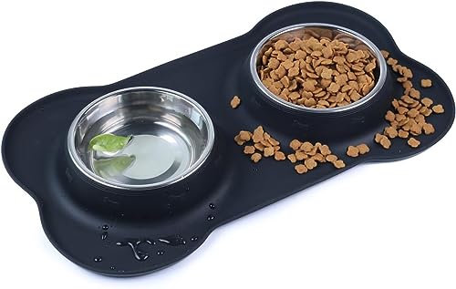Dog Bowls Stainless Steel Bowls with No Spill Skid Resistant Silicone Mat, 24oz 48oz Dog Food and Water Bowl Set Feeder for Small Medium Large Size,Dogs,Cats Pets Puppy Dish - size: Small/12oz each
