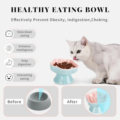 S&Q's CERAMICS Raised Slow Feeder Cat Bowl, Ceramic Elevated and Titled Glass Food Bowl Small Dogs Slow Feeder, Flower Shaped Cute Cat Dish for Dry and Wet Food (Pink, 5.8") - color: Pink