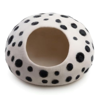 Luxurious Merino Wool Cat Cave - Cats Curl Into Instantly - Foldable Hideaway Pod for Indoor Cats - Felt Kitten Pet Enclosure - Covered Cat House by Woolygon - color: White Polka