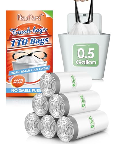 0.5 Gallon Mini Drawstring Trash Bags by RayPard, 110 Counts Tiny Bathroom Trash Bin Bags, fit 2-3 Liter Small Trash Can, Small Plastic Bags for Desktop Trash Bin/Dog/Poop Car, White - style: 110-0.5 Gallon-White