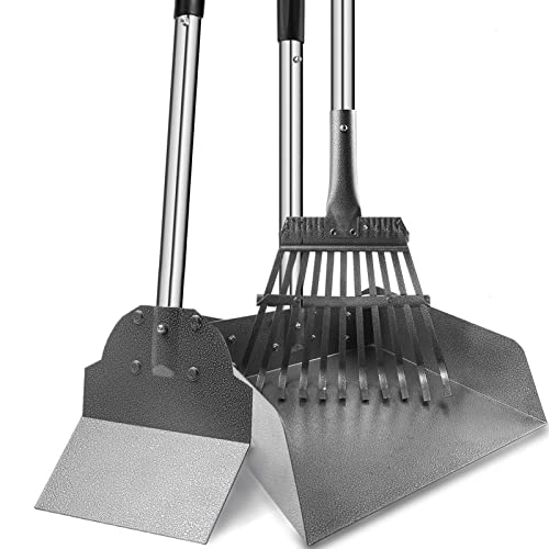 Dog Pooper Scooper for Large Dogs, 3 Pack Adjustable Long Handle Metal Tray, Rake and Spade Poop Scoop with Bin for Pet Waste Removal, No Bending Clean Up for Medium and Large Dogs - size: tray, rake & spade(Large)