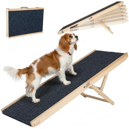 Wooden Dog Ramp for Couch High Bed, Non Slip Pet Ramps for Small Dogs and Cat with 6 Adjustable Height from 11.02'' to 25.2'', Portable 55.12'' Long Foldable Ramp for Dogs to Get on Bed Car - size: 140CM Long