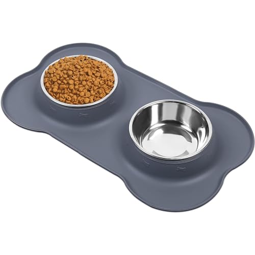 AsFrost Dog Food Bowls Stainless Steel Dog Food and Water Bowl Set, Dog Dishes No Spill Non Slip Silicone Mat, Dog Bowls for Small Medium Size Dogs Cat Puppy Pet Food Feeding Bowls, Grey, 12oz - color: Grey, size: 1½ Cup/12 oz each