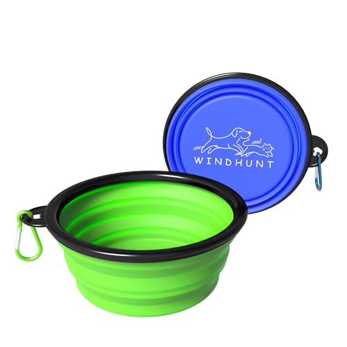 2-Pack Collapsible Dog Bowls, Portable Travel Pet Bowl with Carabiner – Foldable Silicone Feeding Dish for Dogs and Cats On-The-Go (Green + Blue) - color: Green + Blue