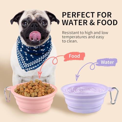 Collapsible Dog Bowls 2-Pack, Portable Travel Dog Bowl with Carabiner, Food-Grade Silicone Pet Bowl for Hiking, Walking (Macaron Pink and Violet) - color: 12 OZ Macaron Pink and Violet
