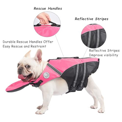 Dog Life Jacket, French Bulldog Life Vest for Swimming Boating, Dog Swim Vest with Chin Float and Rescue Handle, High Flotation Puppy Life Jackets (Chest Girth: 17" to 30", Weight: 17" to 28" LB) - color: Cute Pink