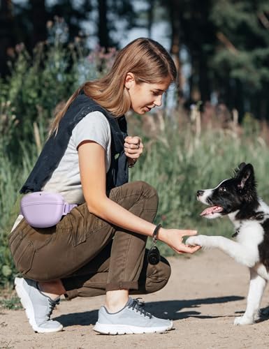 heouvo Dog Treat Pouch with Training Clicker, Upgrade Stronger Magnetic Closure to Avoid Spilling, 1.67 Cup Silicone Treat Bag Fanny Pack with Waist Belt for Pet Training Walking (Violet) - color: Violet