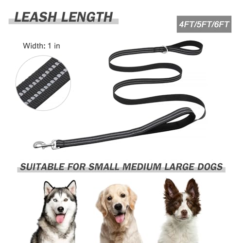 Hikiko 5 FT Heavy Duty Dog Leash with 2 Padded Handles Reflective Nylon Double Handle Dog Leash, Black - color: Black, size: 1 in x 5 ft