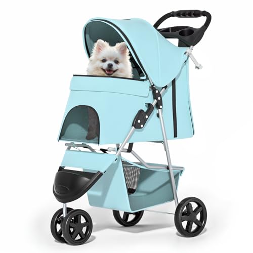 MoNiBloom 3 Wheels Pet Dog Cat Stroller for Small Medium Dogs Cats, Lightweight Foldable Jogger Stroller w/Storage Basket and Cup Holder, Mint Green - color: Mint Green