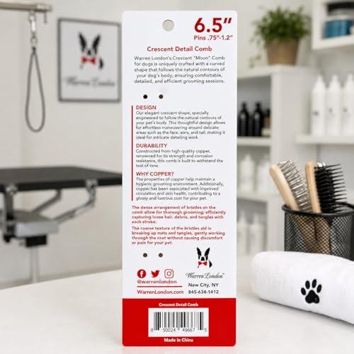 Warren London Copper Crescent Comb 6.5 Inch – Professional Dog Grooming Detail Comb with Curved Teeth – For Face, Legs, Tail, Ears, Paws, Mats, Tangles & Finishing – For Groomers & Pet Owners - style: Crescent Detail Comb