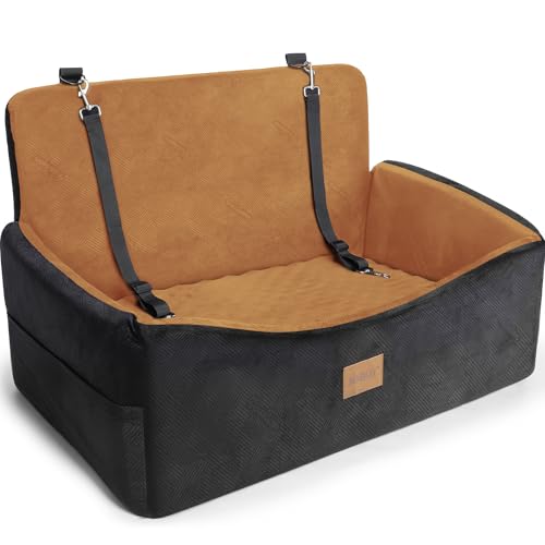 Dog Car Seat for Large Medium Sized Dogs Under 55 lbs, Dog Booster Seat for 2 Small Dogs with Detachable Washable Cover and Cushion, Memory Foam Pet Car Seat with 2 Safety Belts and Storage Pockets - color: Brown, size: Medium/Large