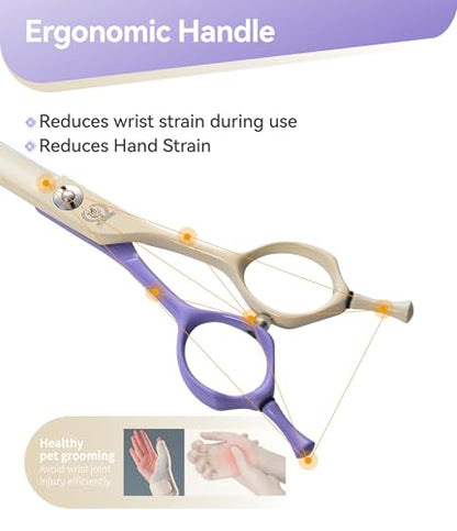 Curved Dog Grooming Scissors with Coating 440C Stainless Steel, 7 inch Professional Curved Shears Dog Grooming，25 Degree of Curved Blade，Pet Shear for Trimming Face and Paw, Violet & White - color: Violet&white