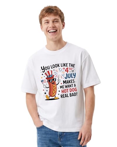 Hot Dog Shirt for Men Bad Day to Be a Hot Dog Shirts for Men Women 4th of July Funny Burger Cotton Short Sleeve - color: You Look Like the 4th of July, size: X-Large