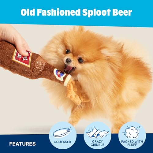 Barkbox Old Fashioned Sploot Beer Dog Toy – Plush Squeaky Toy with Crazy Crinkle & Fluffy Filling – Interactive Play & Chew Toy for Dogs - color: Old Fashioned Sploot Beer