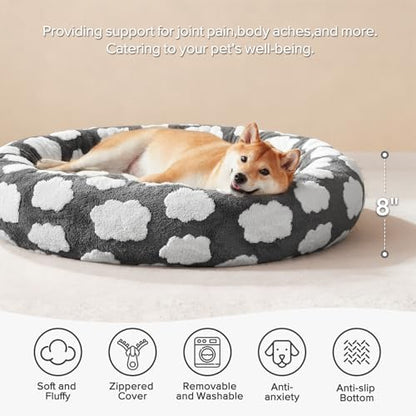 JOEJOY Donut Dog Bed Medium Size, Cute Round Calming Pet Bed with Removable Washable Cover, Orthopedic Cat Puppy Bed with Jacquard Shaggy Plush & Non Skid Bottom - color: Grey, size: M (30x30x8)