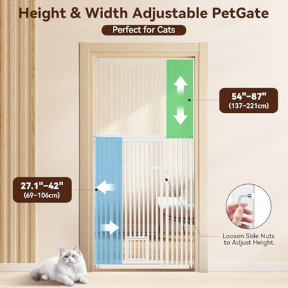 54"-87" Height Adjustable Extra Tall Cat Gate for Doorway, 27.1"-42" Extra Wide Pet Gate with Cat Door & Extension Kits, Pressure Mounted Dog Cat Barrier for Indoor Stairs, Studio, Kitchen (White)