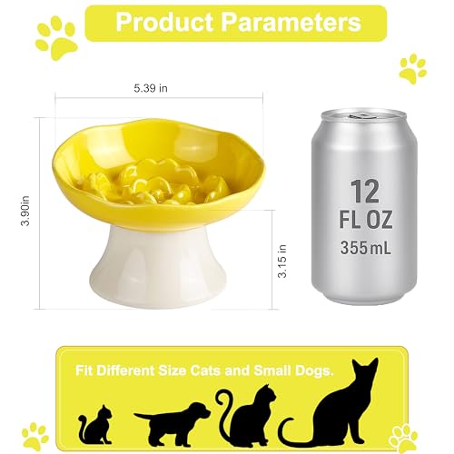 Ceramic Slow Feeder Bowl for Cats and Small Dogs, Elevated Tilted Pet Food Dish, Whisker Friendly Anti-Vomit Design, Heavy Stable Base, Dishwasher Safe， 5 Colors Options (Lemon Yellow) - color: Lemon Yellow
