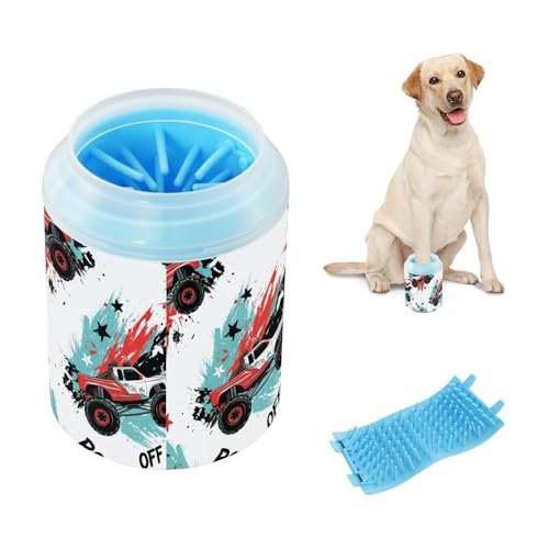 Monster Truck White Print Dog Paw Cleaner Cup with Soft Silicone Brush, Portable Lightweight Small Muddy Paw Washer for Dogs, Easy to Use Pet Foot Cleaner