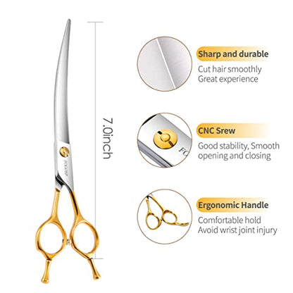 Curved Dog Grooming Scissors Professional 7" Grooming Shears for Dogs Pet Right Handed Groomer Japan 440C Stainless Steel (7 in Curved, Gold) - size: 7 inch, style: Curved