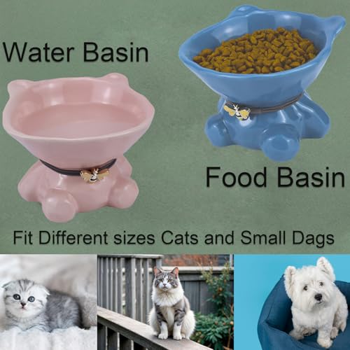 Ceramic Raised Cat Bowls for Indoor Cats Cute Elevated Cat Food Bowls 5.4 Inch Wide Whisker Friendly Blue Cat Water Bowl Dishwasher and Microwave Safe Puppy Feeding Set Supplies - color: Blue Ceramic Cat Food Bowl