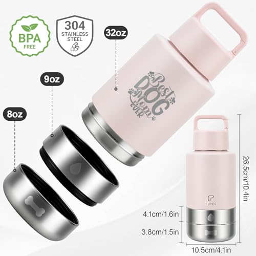 32oz Insulated Dog Water Bottle Dispenser, 3-in-1 Stainless Steel Travel Cup with 2 Detachable Food and Water Bowls, Leak Proof Large Pet Gear, Dog Mom Gift for Dog Lovers - color: pink dog mom