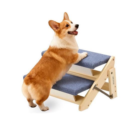 VEVOR Wood Pet Stairs, 2-Step Dog Stairs for Beds, Sofa & Cars, 110lbs Load Capacity, Floded Flat Design, Stable & Sturdy Cat & Dog Step Ladder for Small Medium Large Older Pet Puppy Essentials - color: Wood Color+Blue, size: 2-Step Foldable