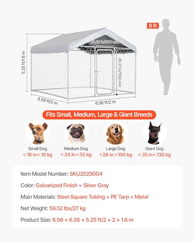 VEVOR Outdoor Dog Kennel, 6.56 x 6.56 x 5.25 ft Large Dog Kennel with Secure Lock, Outside Dogs Enclosures with UV-Resistant & Waterproof Roof Cover, Heavy Duty Pet Crate Cage Run for Large Dogs - size: 6.56 x 6.56 x 5.25 ft