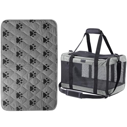 GORILLA GRIP Reusable Puppy Pads Slip Resistant Pet Crate Mat and Airline Travel Cat Carrier Bag, 28x18 Washable Absorbing Pad Paw Gray, Breathable Mesh Pet Travel Bag Gray, 2 Item Bundle