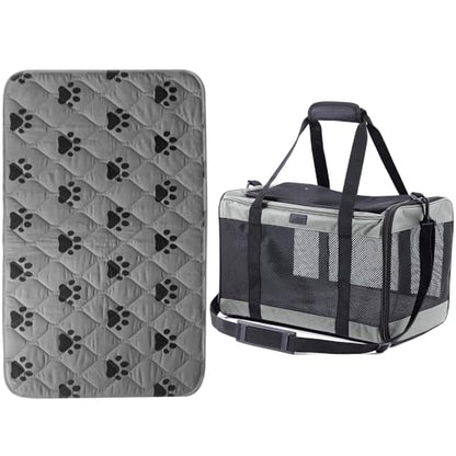 GORILLA GRIP Reusable Puppy Pads Slip Resistant Pet Crate Mat and Airline Travel Cat Carrier Bag, 28x18 Washable Absorbing Pad Paw Gray, Breathable Mesh Pet Travel Bag Gray, 2 Item Bundle
