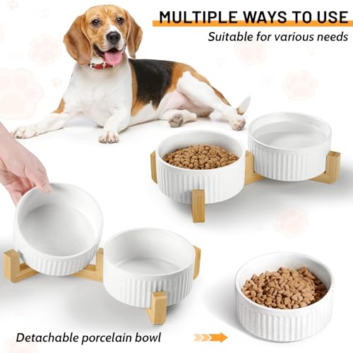 Non-Slip Ceramic Dog Bowls with Wood Stand,6" Dog Food and Water Bowl Set with Silicone Base, 32 OZ/4 Cups Weighted Flip-Proof Pet Feeding Bowl for Small Dogs and Cats (Medium,White) - color: Wood Stand, size: 4 Cups