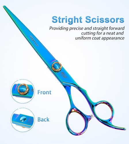 7.5'' Dog Straight Scissors for Grooming 440C Stainless Steel Green Professional Pet Trimming Scissors Sharp Blades Cutting for Dogs and Cats Shears - style: Straight