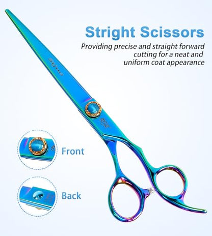 7.5'' Dog Straight Scissors for Grooming 440C Stainless Steel Green Professional Pet Trimming Scissors Sharp Blades Cutting for Dogs and Cats Shears - style: Straight