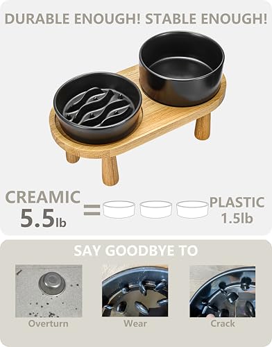 Ceramic Slow Feeder and Water Bowl Set for Small Dogs, 0.6 Cups Dog Slow Feeder(14oz) and 30oz Water Bowl Set, 6in, Black - color: Black, size: 6-Inch
