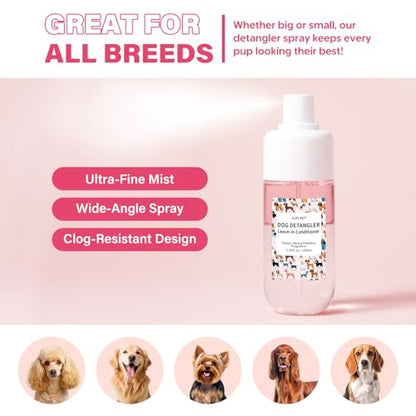 Dog Detangler & Dematting Spray - Leave-in Conditioner, Classic Powdery Scent | Infused with Coconut Oil, Jojoba Oil, and Squalane for Easy, Tangle-Free Grooming - 3.38 fl. oz