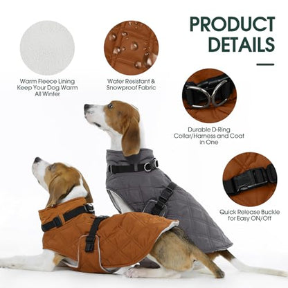 Kuoser Dog Coat Warm Fleece Lining Turtleneck Dog Jacket with Harness Built-in, Adjustable Windproof Cold Weather Coats with Quick Release Buckle Pet Winter Snowsuit for Medium Large Dogs, Khaki L - color: Khaki, size: Large (Chest Girth:24.4")