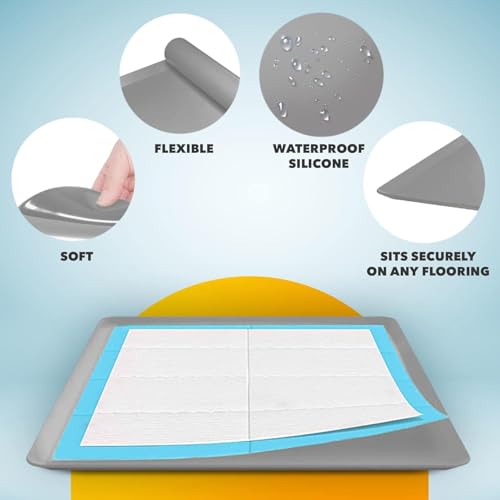 TidyFriend Dog Pee Pad Holder Tray - Fits Up to 24” x 24” Pee Pad Holder for Dogs - Stable Grip, Raised Edges, Quick-Wipe Silicone Surface Dog Pad Holder for Indoor Flooring Protection (Light Grey) - size: 24 x 24 Inches