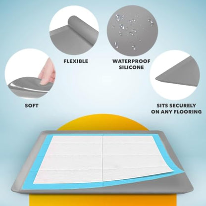 TidyFriend Dog Pee Pad Holder Tray - Fits Up to 24” x 24” Pee Pad Holder for Dogs - Stable Grip, Raised Edges, Quick-Wipe Silicone Surface Dog Pad Holder for Indoor Flooring Protection (Light Grey) - size: 24 x 24 Inches