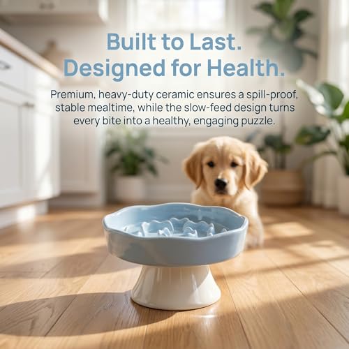 Elevated Ceramic Slow Feeder Dog Bowl | Raised Maze Puzzle Feeder Small Medium Dogs | Anti-Vomit Reduces Bloating | Non-Slip Enrichment Puppy Bowl - color: Blue