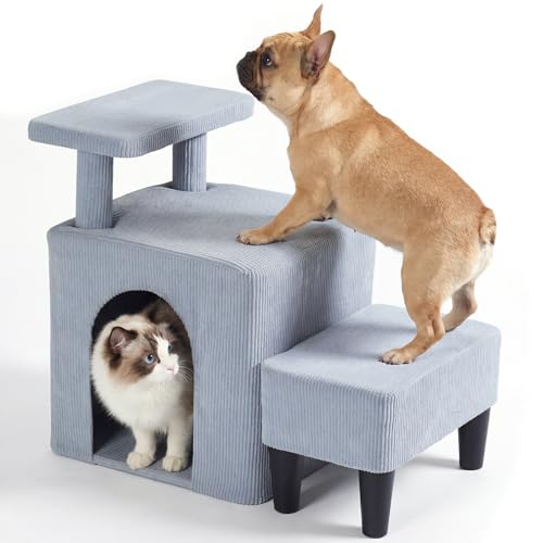 Veehoo 3 in 1 Dog Cat Stairs for Bed Couch, Small Steps Non Slip for Older Dogs Cats to Get on Bed Portable with Cave Condo and Cushioned Foot Stool, Pet Steps Cat Ramps Indoor for Senior Cats Dogs