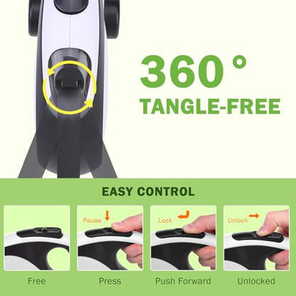 SCENEREAL Retractable Dog Leash for Small Medium Large Dogs up to 110lbs, 26ft 360° Tangle-Free Nylon Tape with Anti-Chewing Wire Rope&Waste Bag Dispenser, Heavy Duty Long Durable One-Handed Brake - color: Chew Proof (Black & White /26ft)