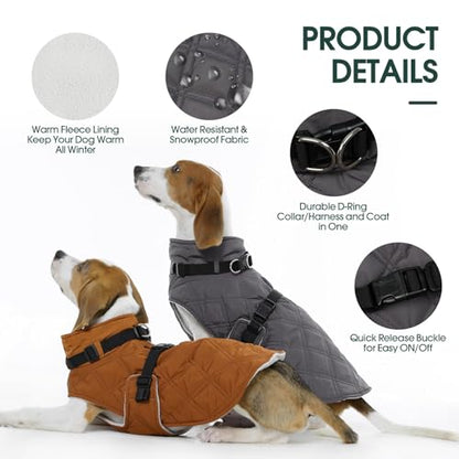 Kuoser Dog Coat Warm Fleece Lining Turtleneck Dog Jacket with Harness Built-in, Windproof Cold Weather Coats with Quick Release Buckle Pet Winter Snowsuit for Extra Large Dogs Great Dane, Grey 3XL - color: Grey, size: Xxx-large (Chest Girth: 42.5")