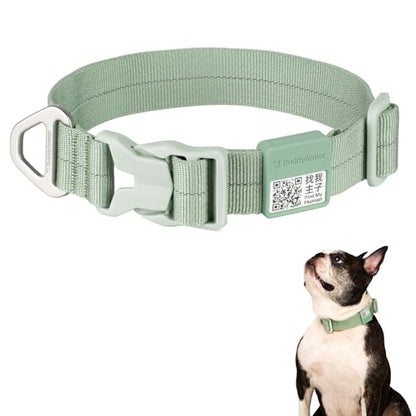 All-Weather Dog Collar Reflective Adjustable Soft Nylon QR Code Anti-Lost Collar Breathable with Quick-Release Buckle Patent Alloy Ring for Small Medium Large Dog (Light-Olive, L) - color: Light-Olive, size: L