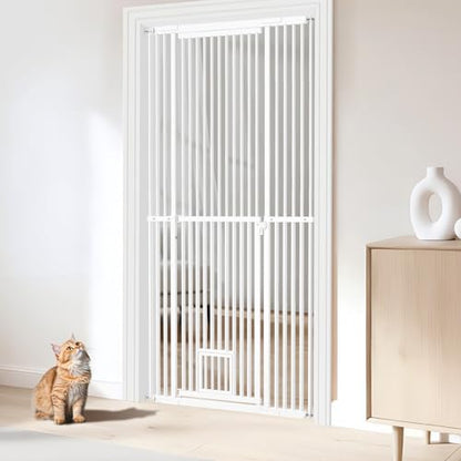 54"-87" Height Adjustable Extra Tall Cat Gate for Doorway, 27.1"-42" Extra Wide Pet Gate with Cat Door & Extension Kits, Pressure Mounted Dog Cat Barrier for Indoor Stairs, Studio, Kitchen (White)