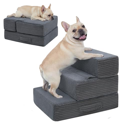 Dog Stairs for Small Dogs, 13.5" H Foldable Dog Steps for High Bed | 2 in 1 Pet Stairs Get on Couch, Transformable Cats Stairs, Non-Slip Balanced, Grey - size: 15.7 X 18 X 13.5 In