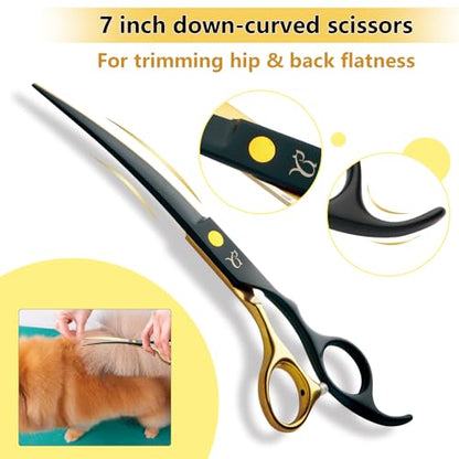 Dog Grooming Scissors,Paint Coated Curved Scissors Thinning Scissors with Safety Round Tips, Sharp and Durable 5 in 1 Dog Scissors for Grooming
