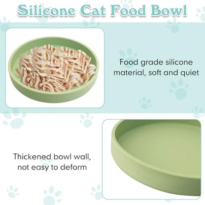 Silicone Cat Food Bowls Shallow Cat Dishes 5.9in Wide Pet Plates Set of 2 Small Flat Dog Saucer Bowl Cute Whisker Fatigue Kitten Feeding Dish for Dry & Wet Food (Round Bean Green) - color: Bean Green, size: M: 5.9 inches - without Suction Cup