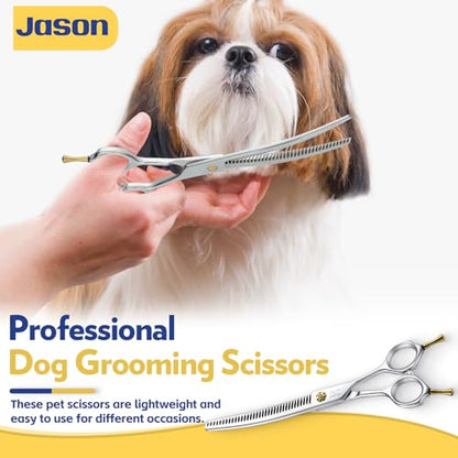 JASON Dog Shears for Grooming - 7" Up-curved Thinning Scissors with 55%-60% Thinning Rate, Japanese 440C Stainless Steel Dog Grooming Blenders with Adjustable Screw (35 Teeth, Silver) Christmas Gift - style: Up-curved Chunkers01