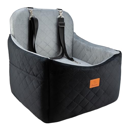 Dog Car Seats for Small/Medium Dogs, FurFrolic Memory Foam Dog Booster Seat for Small Dogs up to 35 lbs, Travel Pet Car Seat with Washable Detachable Cover, Storage Pockets, 2 Safety Belts, Black Gray