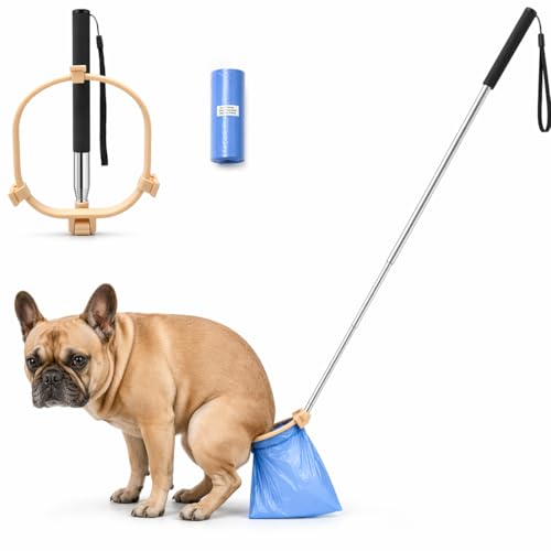 Pooper Scooper for Dogs, Hands-Free Pet Waste Pickup Tool, Foldable 8 Inch Design with 32 Inch Extendable Handle, Stainless Steel Rod, Includes 15 Bags for Yard, Walks and Travel